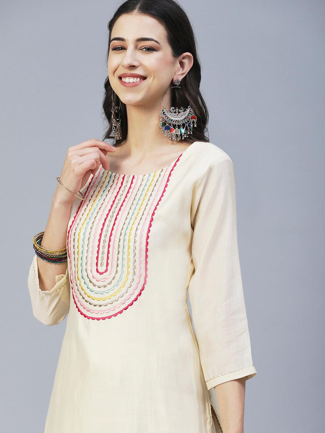 Solid Resham Embroidered Kurta With Palazzo & Printed Dupatta - Cream - Indiakreations