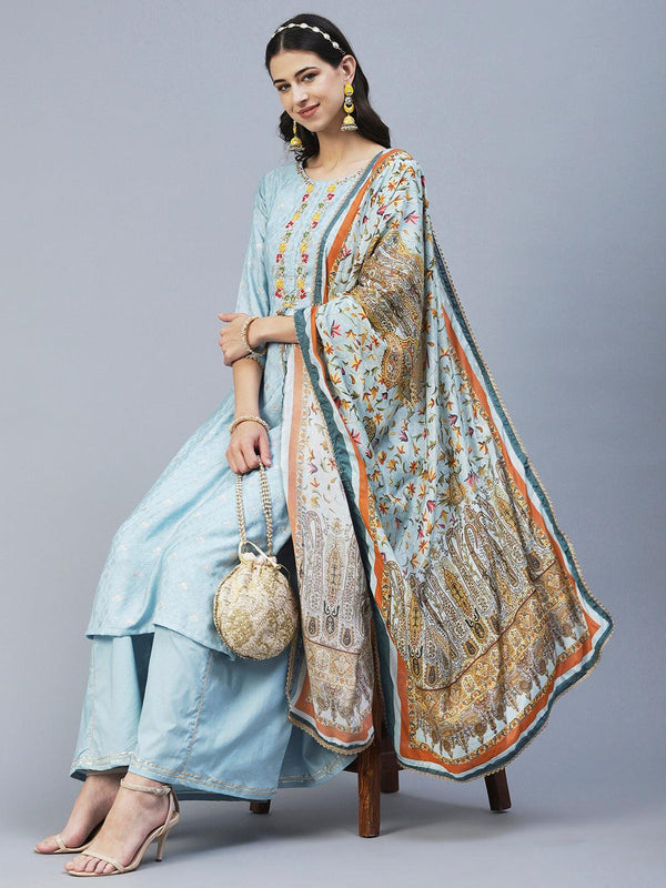 Woven Jacquard Hand Embroidered Kurta With Palazzo & Dupatta - Powder Blue - Indiakreations