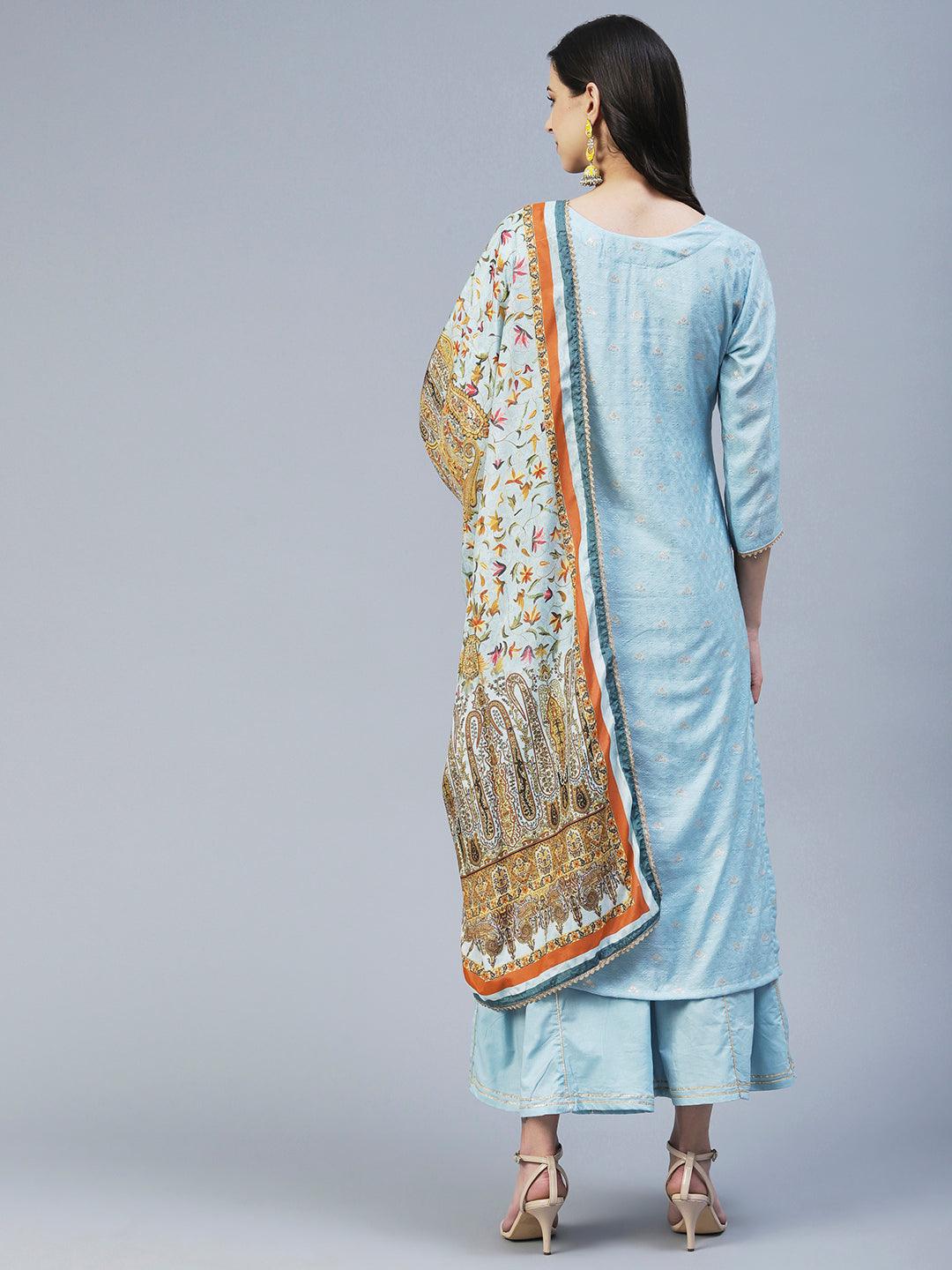 Woven Jacquard Hand Embroidered Kurta With Palazzo & Dupatta - Powder Blue - Indiakreations