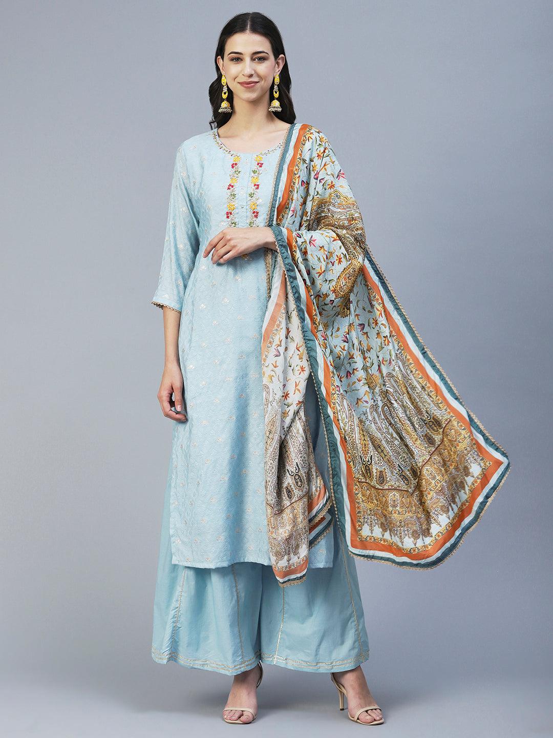 Woven Jacquard Hand Embroidered Kurta With Palazzo & Dupatta - Powder Blue - Indiakreations