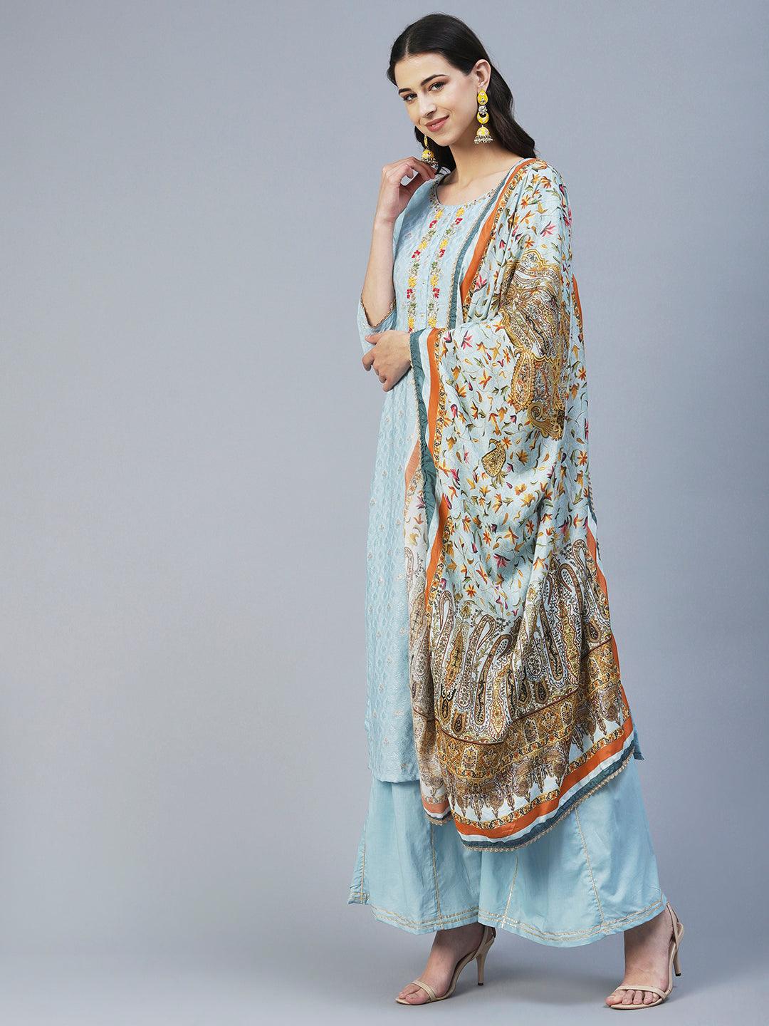 Woven Jacquard Hand Embroidered Kurta With Palazzo & Dupatta - Powder Blue - Indiakreations