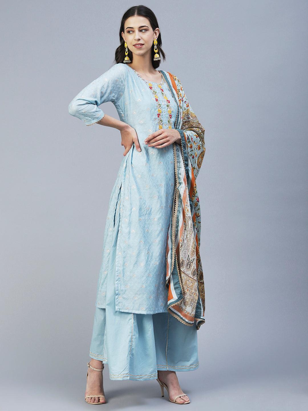 Woven Jacquard Hand Embroidered Kurta With Palazzo & Dupatta - Powder Blue - Indiakreations