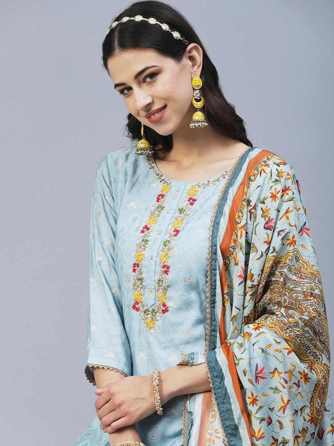 Woven Jacquard Hand Embroidered Kurta With Palazzo & Dupatta - Powder Blue - Indiakreations