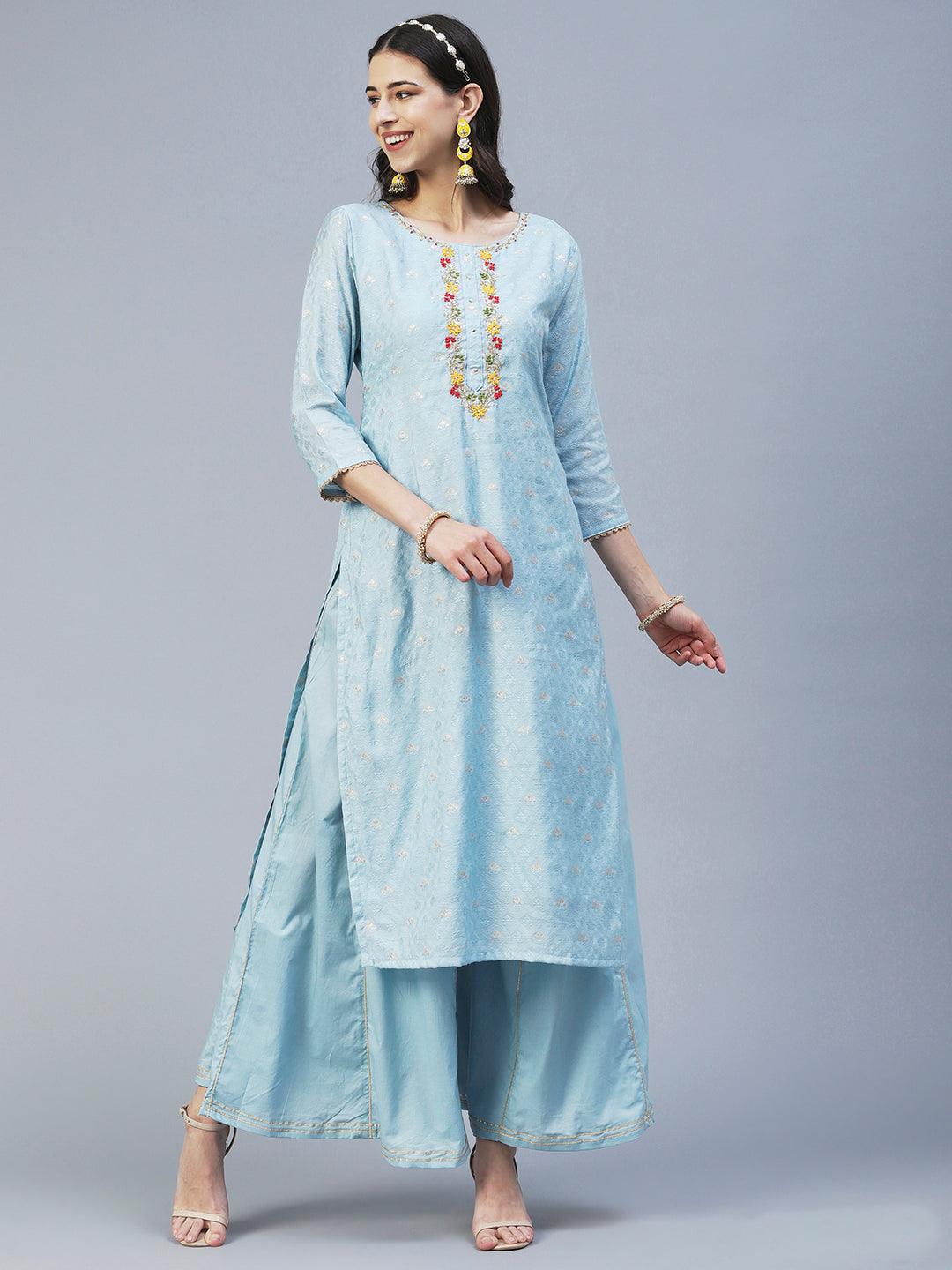 Woven Jacquard Hand Embroidered Kurta With Palazzo & Dupatta - Powder Blue - Indiakreations