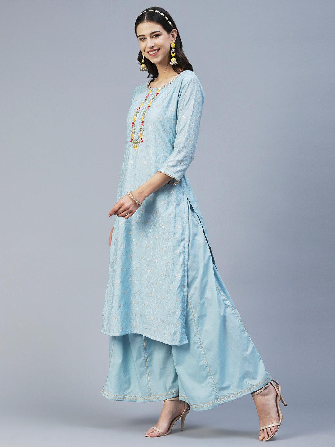 Woven Jacquard Hand Embroidered Kurta With Palazzo & Dupatta - Powder Blue - Indiakreations