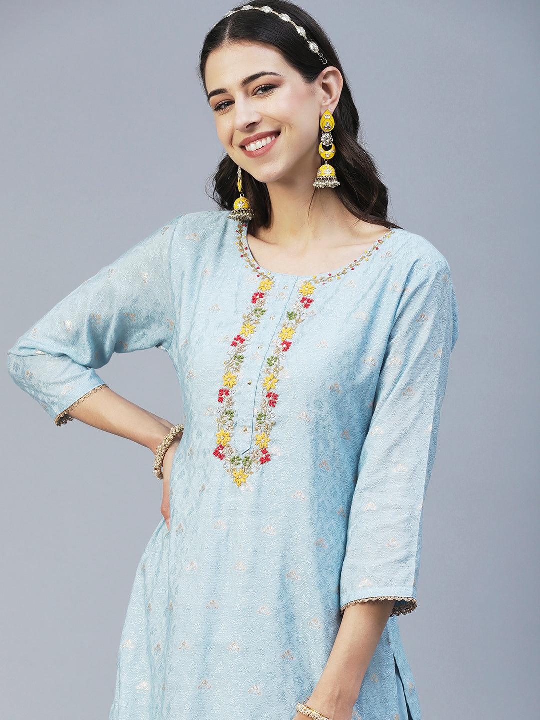 Woven Jacquard Hand Embroidered Kurta With Palazzo & Dupatta - Powder Blue - Indiakreations