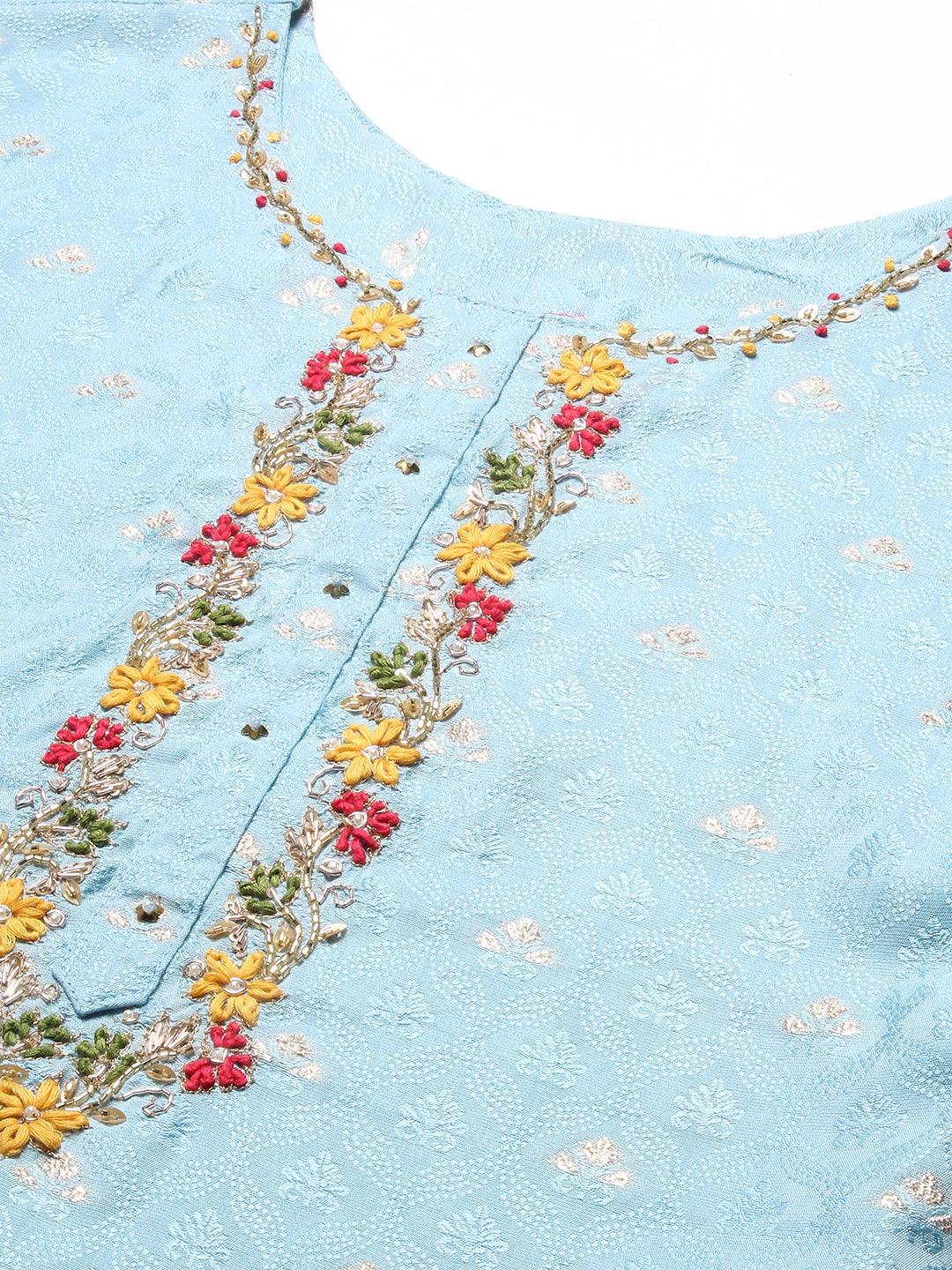 Woven Jacquard Hand Embroidered Kurta With Palazzo & Dupatta - Powder Blue - Indiakreations