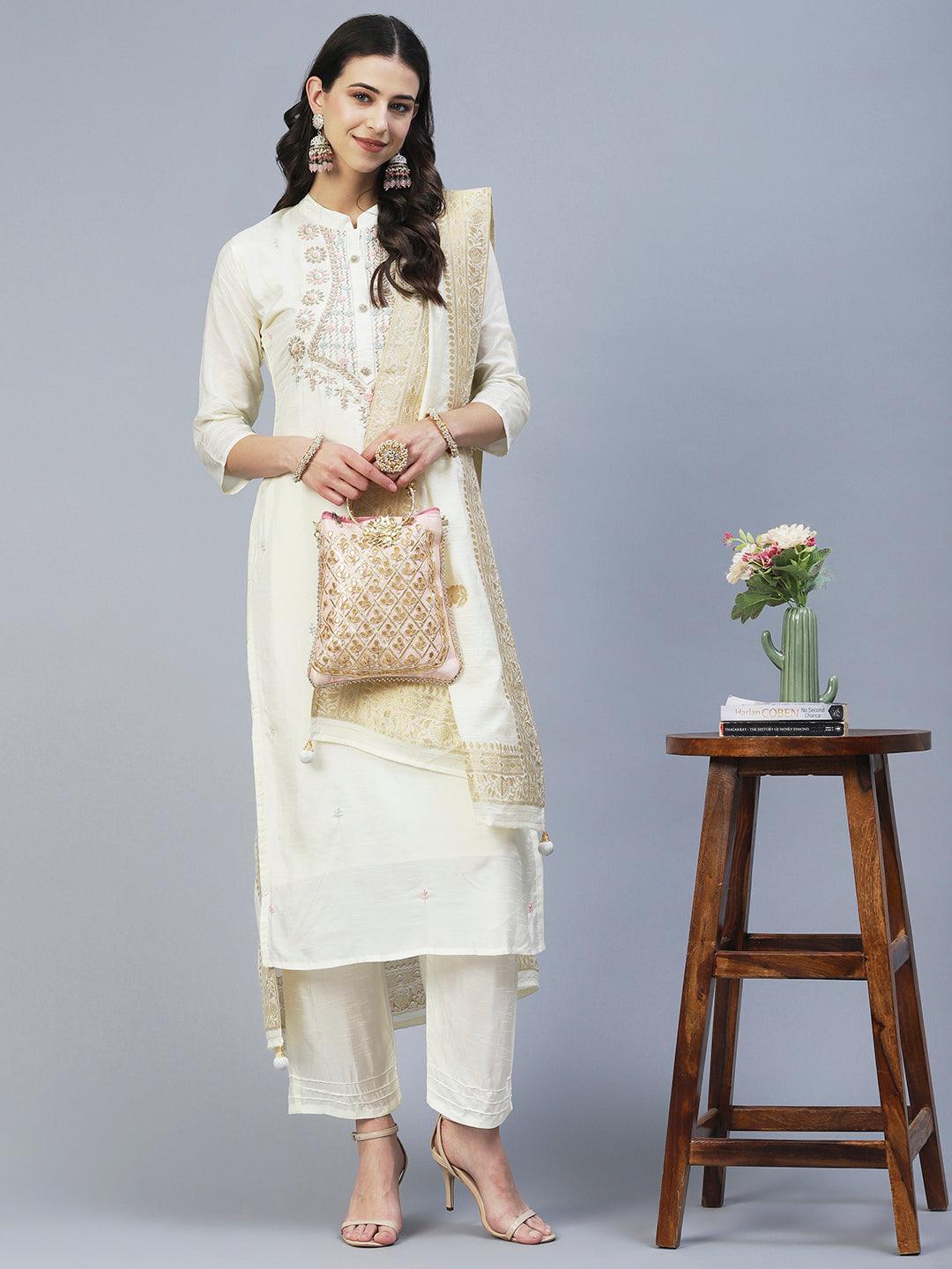 Solid Zardozi Embroidered Kurta With Pants & Jacquard Dupatta - Off White - Indiakreations