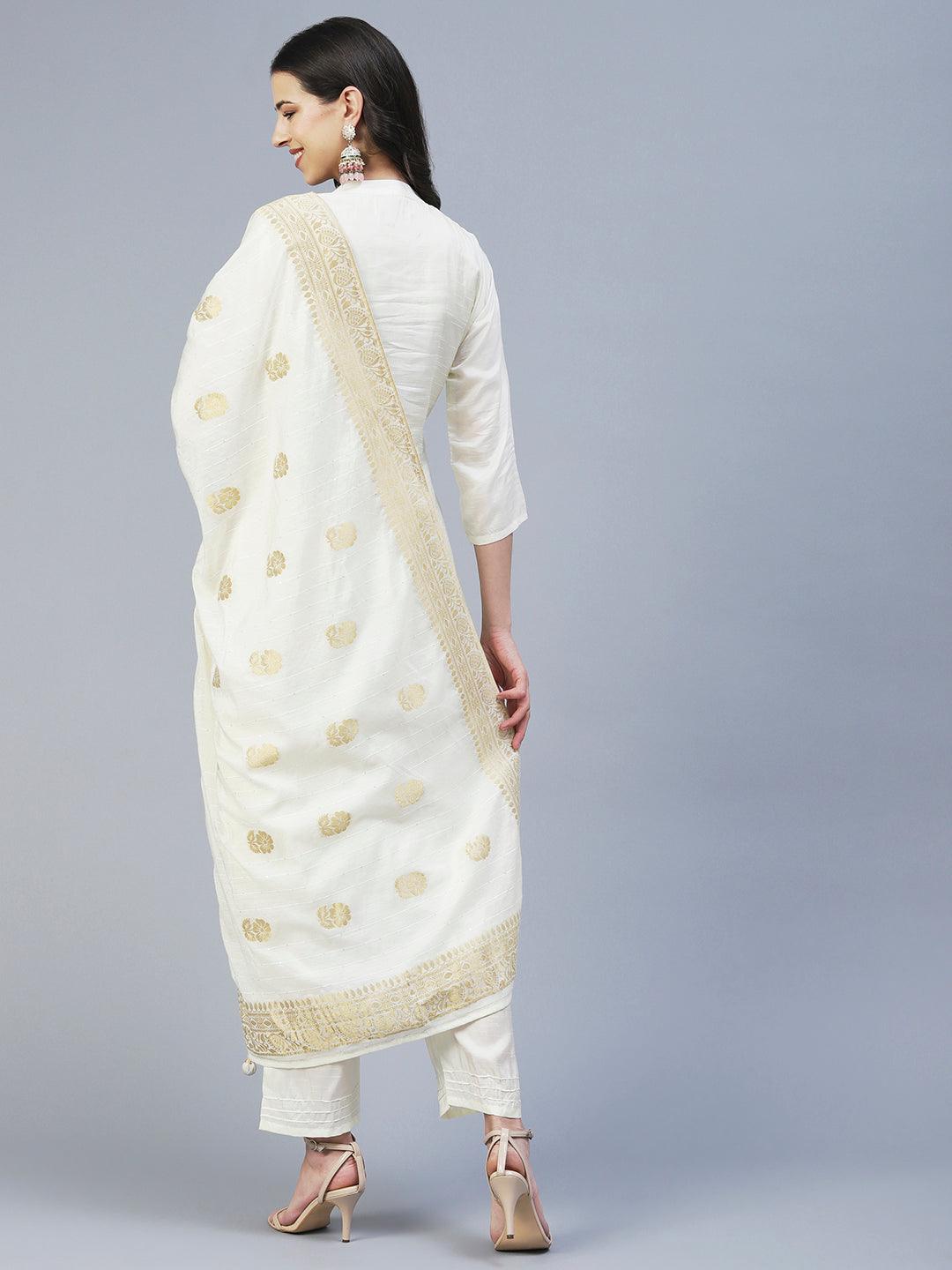 Solid Zardozi Embroidered Kurta With Pants & Jacquard Dupatta - Off White - Indiakreations