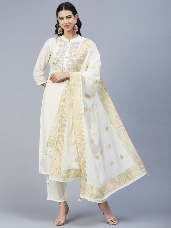 Solid Zardozi Embroidered Kurta With Pants & Jacquard Dupatta - Off White - Indiakreations