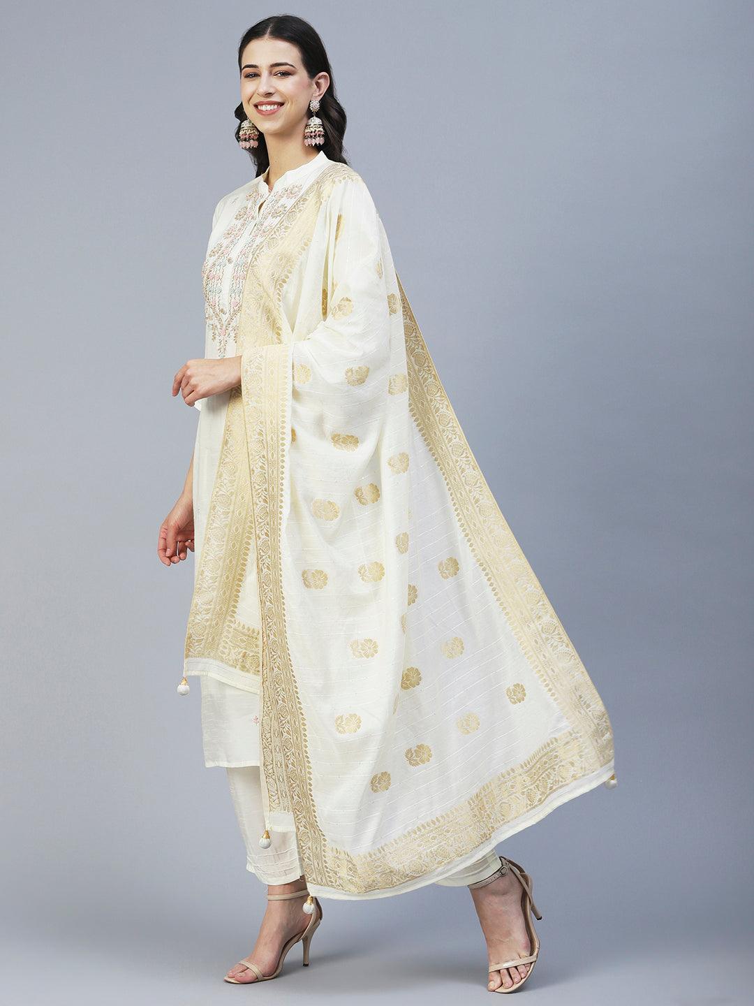 Solid Zardozi Embroidered Kurta With Pants & Jacquard Dupatta - Off White - Indiakreations