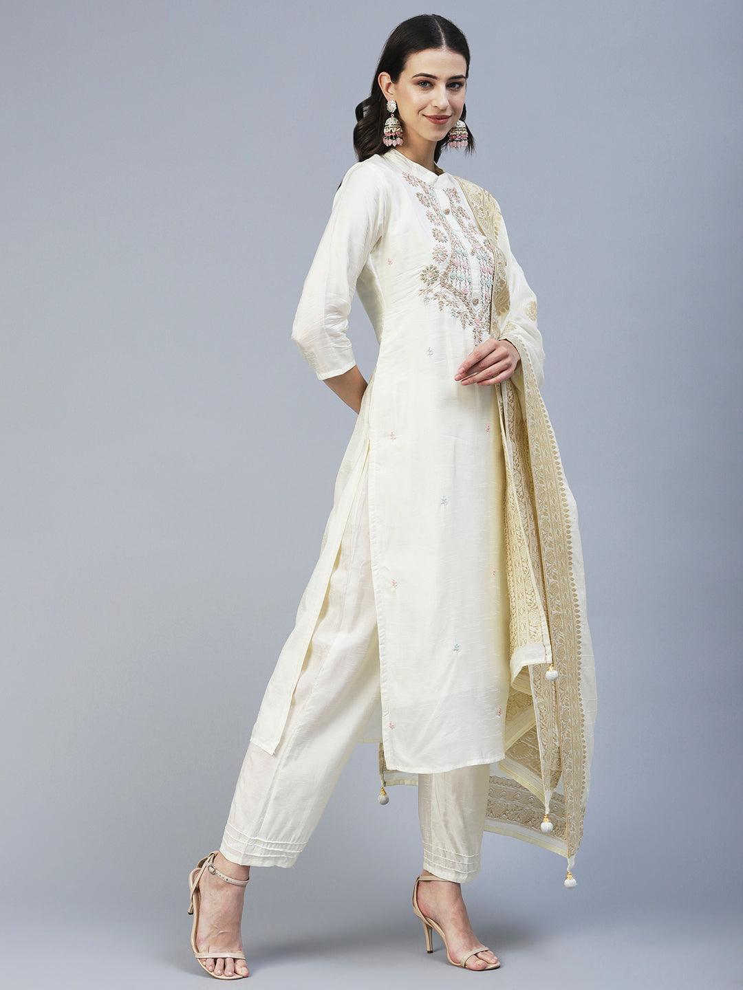 Solid Zardozi Embroidered Kurta With Pants & Jacquard Dupatta - Off White - Indiakreations