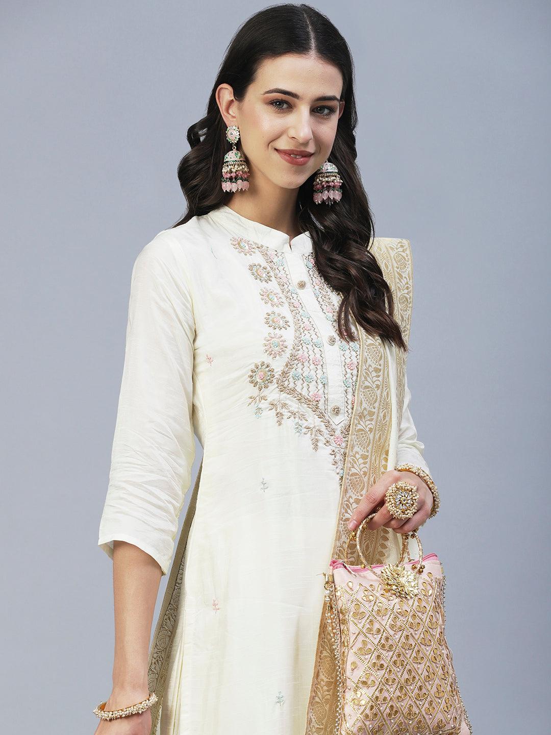 Solid Zardozi Embroidered Kurta With Pants & Jacquard Dupatta - Off White - Indiakreations