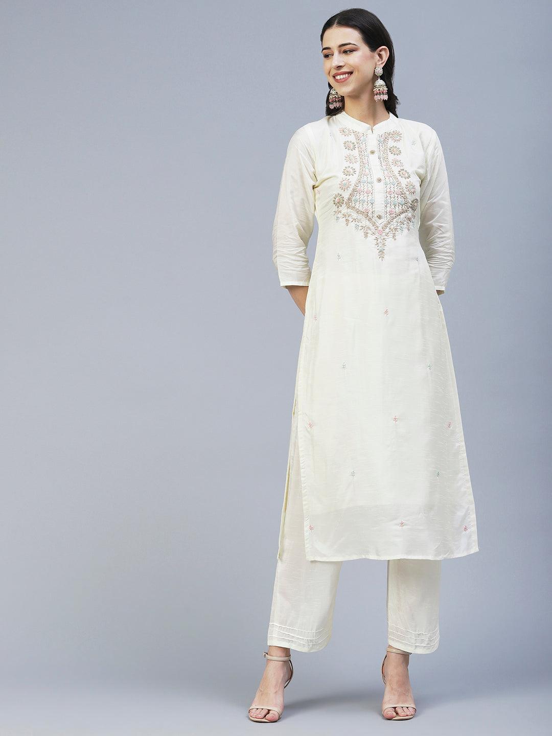 Solid Zardozi Embroidered Kurta With Pants & Jacquard Dupatta - Off White - Indiakreations