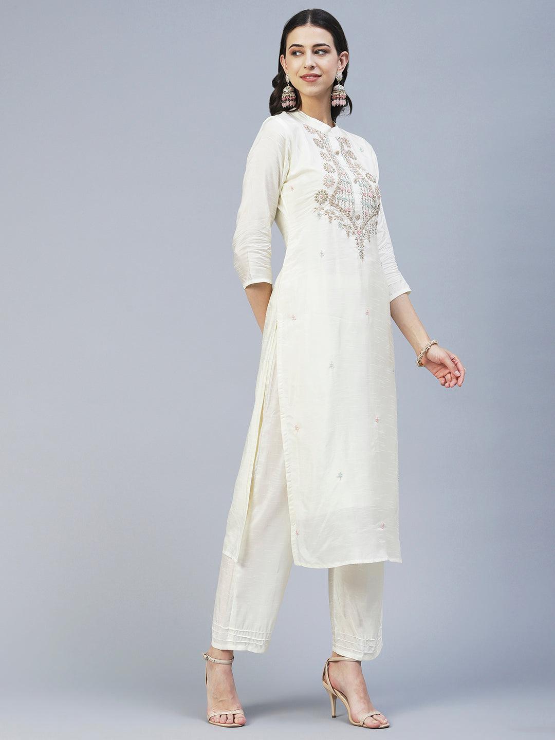 Solid Zardozi Embroidered Kurta With Pants & Jacquard Dupatta - Off White - Indiakreations