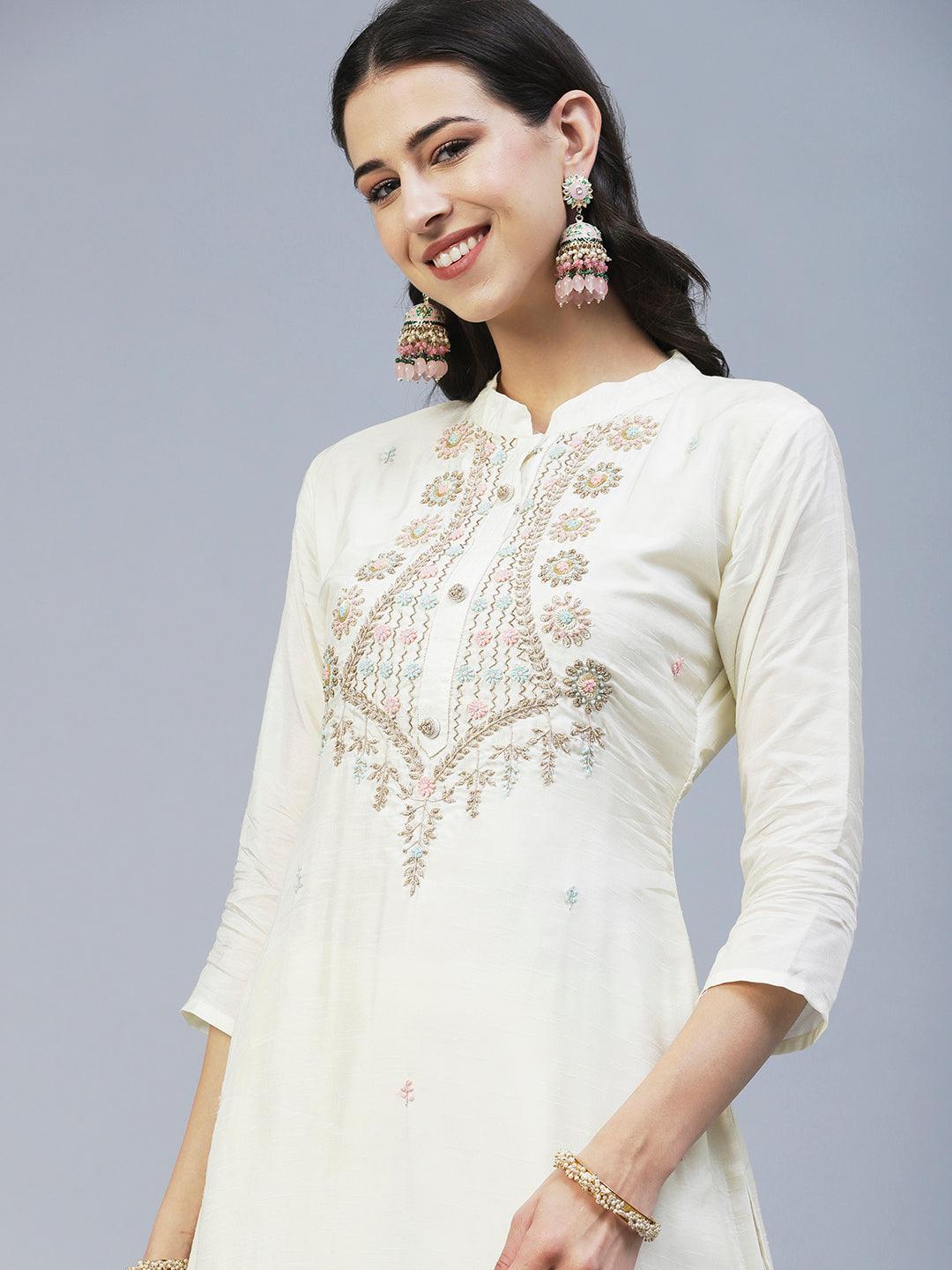 Solid Zardozi Embroidered Kurta With Pants & Jacquard Dupatta - Off White - Indiakreations