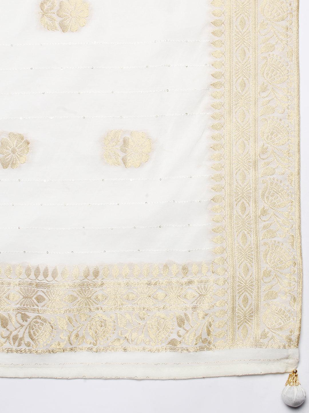 Solid Zardozi Embroidered Kurta With Pants & Jacquard Dupatta - Off White - Indiakreations