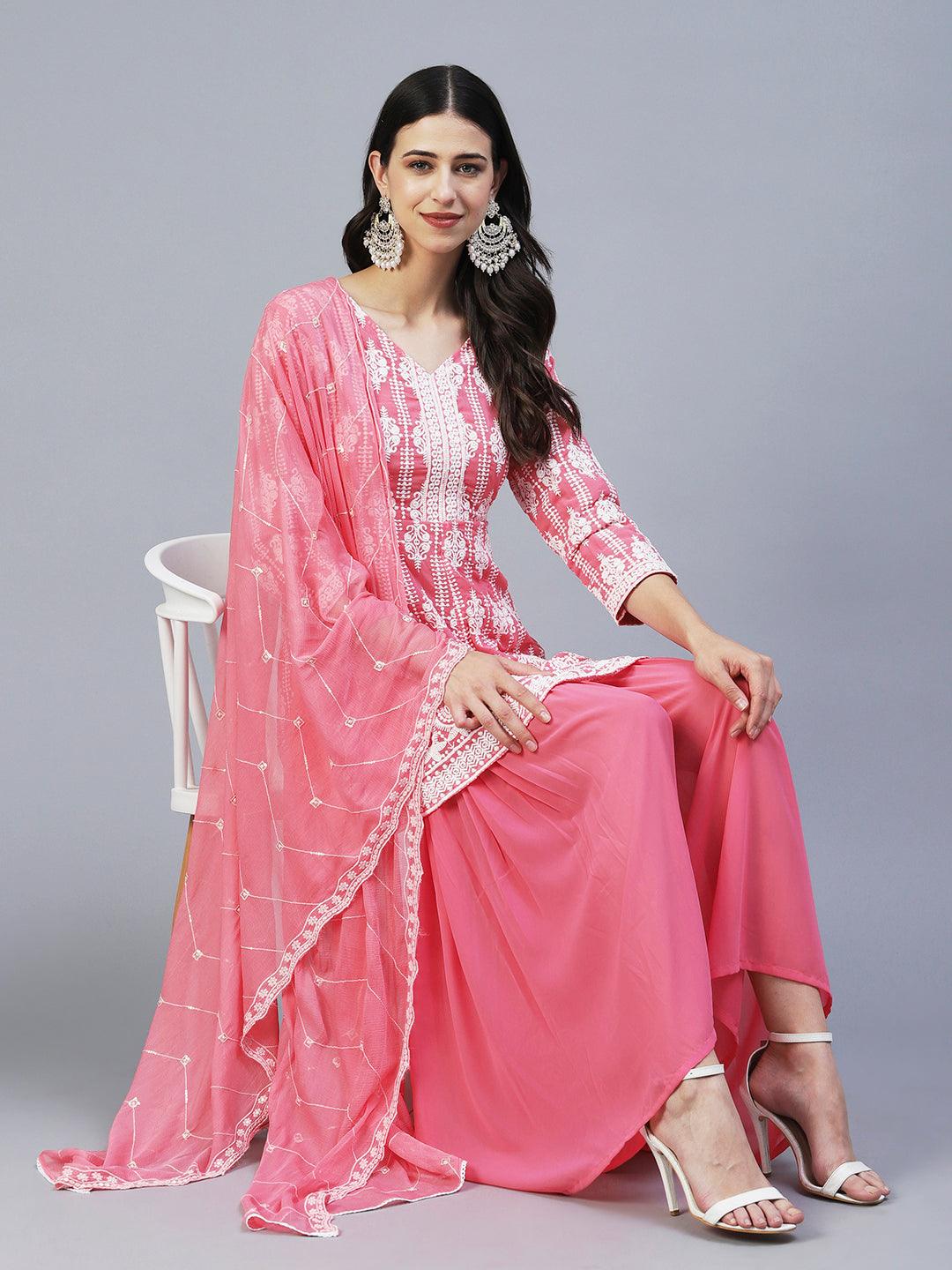 Solid Chikankari Embroidered Anarkali Kurta With Sharara & Embroidered Dupatta - Peach - Indiakreations