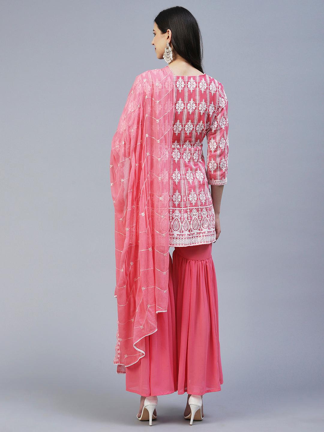 Solid Chikankari Embroidered Anarkali Kurta With Sharara & Embroidered Dupatta - Peach - Indiakreations