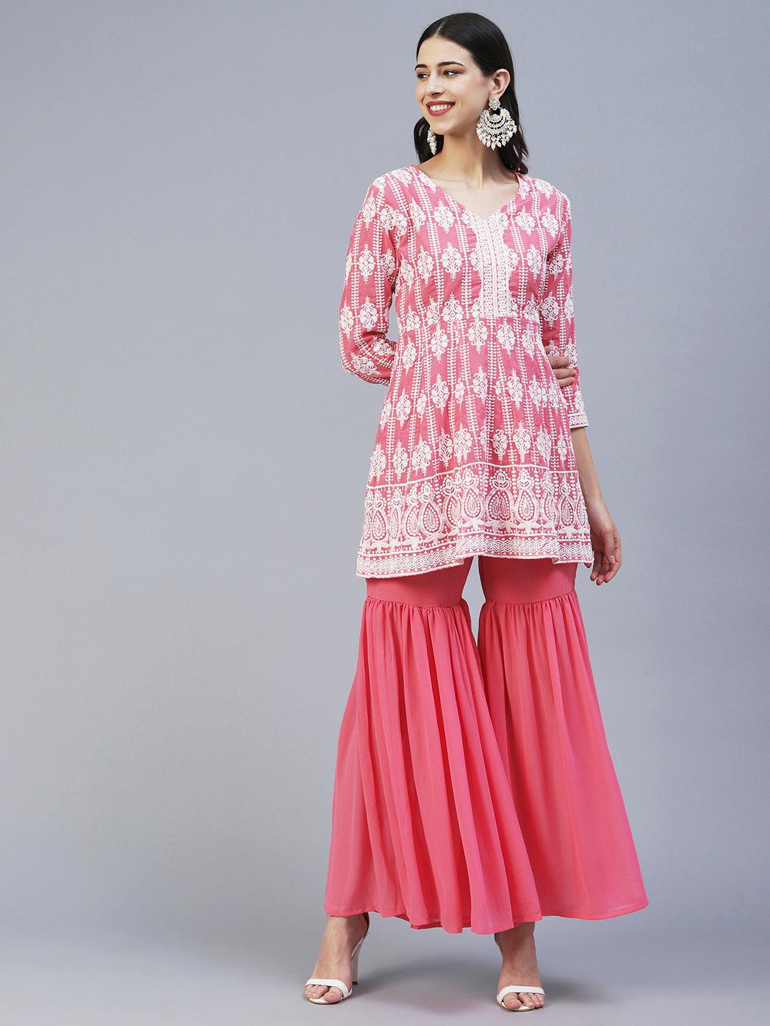 Solid Chikankari Embroidered Anarkali Kurta With Sharara & Embroidered Dupatta - Peach - Indiakreations