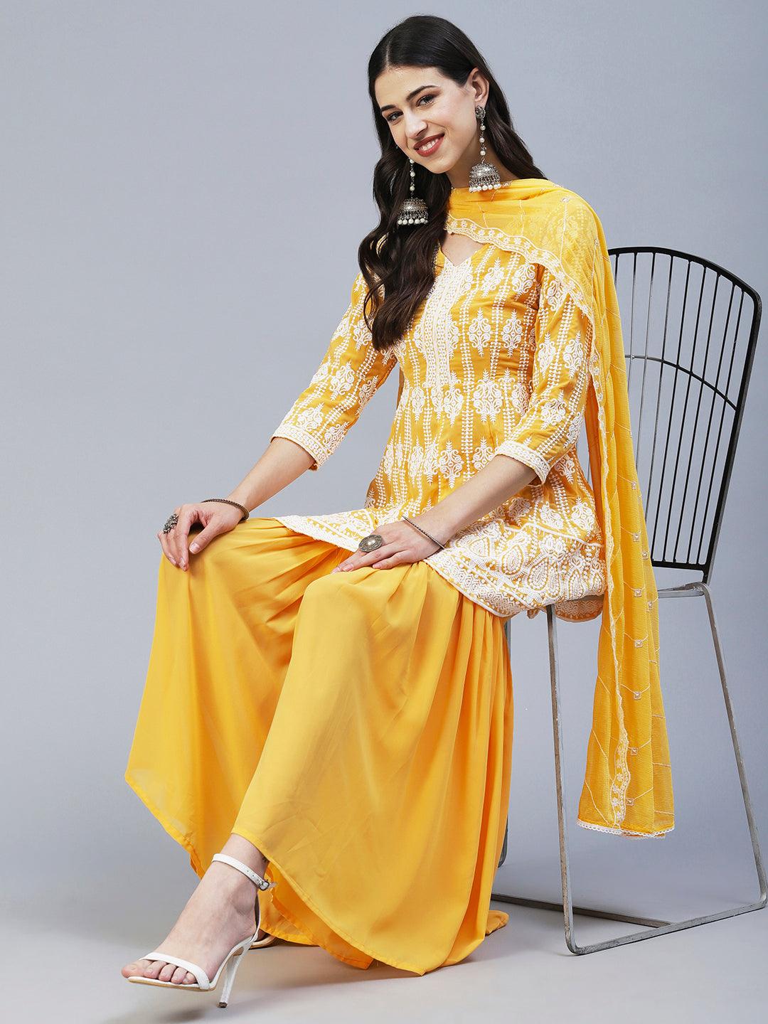 Solid Chikankari Embroidered Anarkali Kurta With Sharara & Embroidered Dupatta - Yellow - Indiakreations