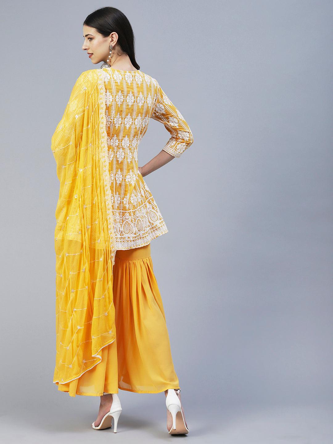 Solid Chikankari Embroidered Anarkali Kurta With Sharara & Embroidered Dupatta - Yellow - Indiakreations