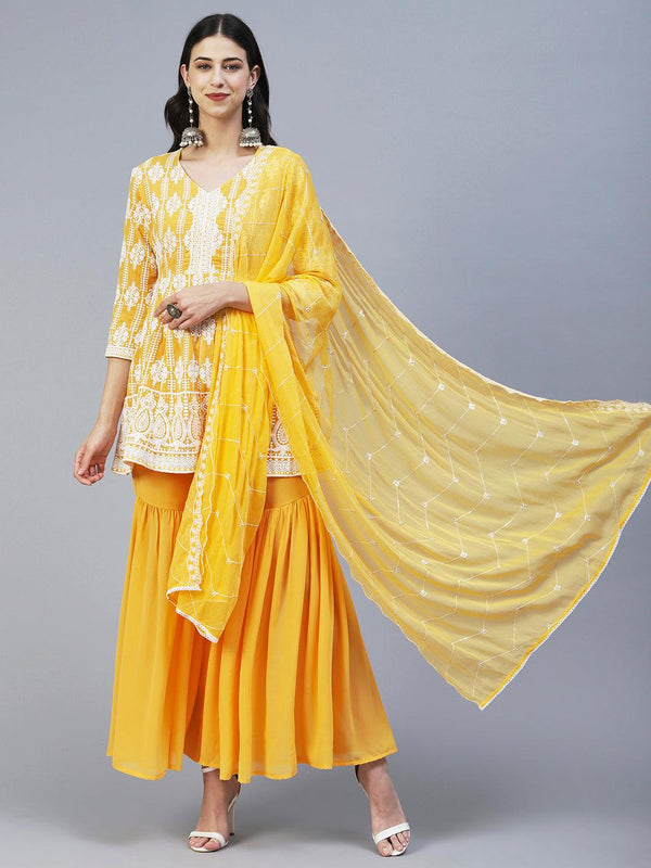 Solid Chikankari Embroidered Anarkali Kurta With Sharara & Embroidered Dupatta - Yellow - Indiakreations