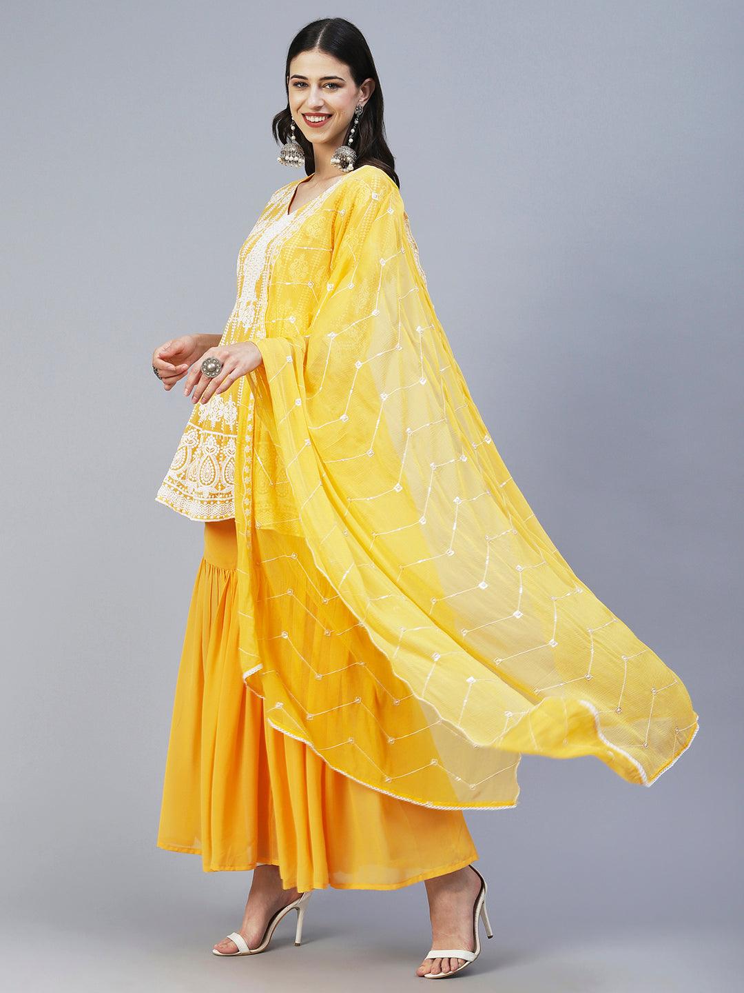 Solid Chikankari Embroidered Anarkali Kurta With Sharara & Embroidered Dupatta - Yellow - Indiakreations