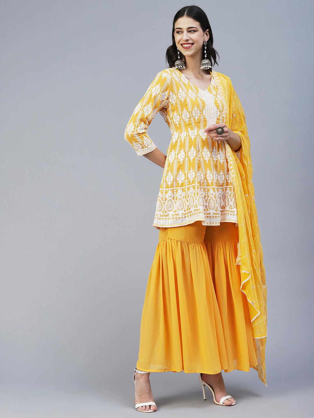 Solid Chikankari Embroidered Anarkali Kurta With Sharara & Embroidered Dupatta - Yellow - Indiakreations