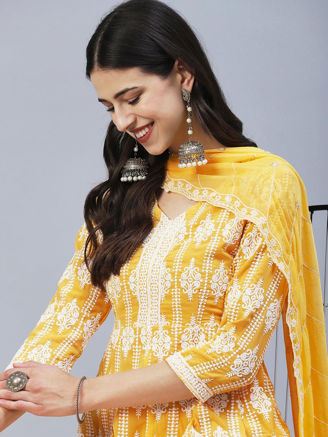 Solid Chikankari Embroidered Anarkali Kurta With Sharara & Embroidered Dupatta - Yellow - Indiakreations