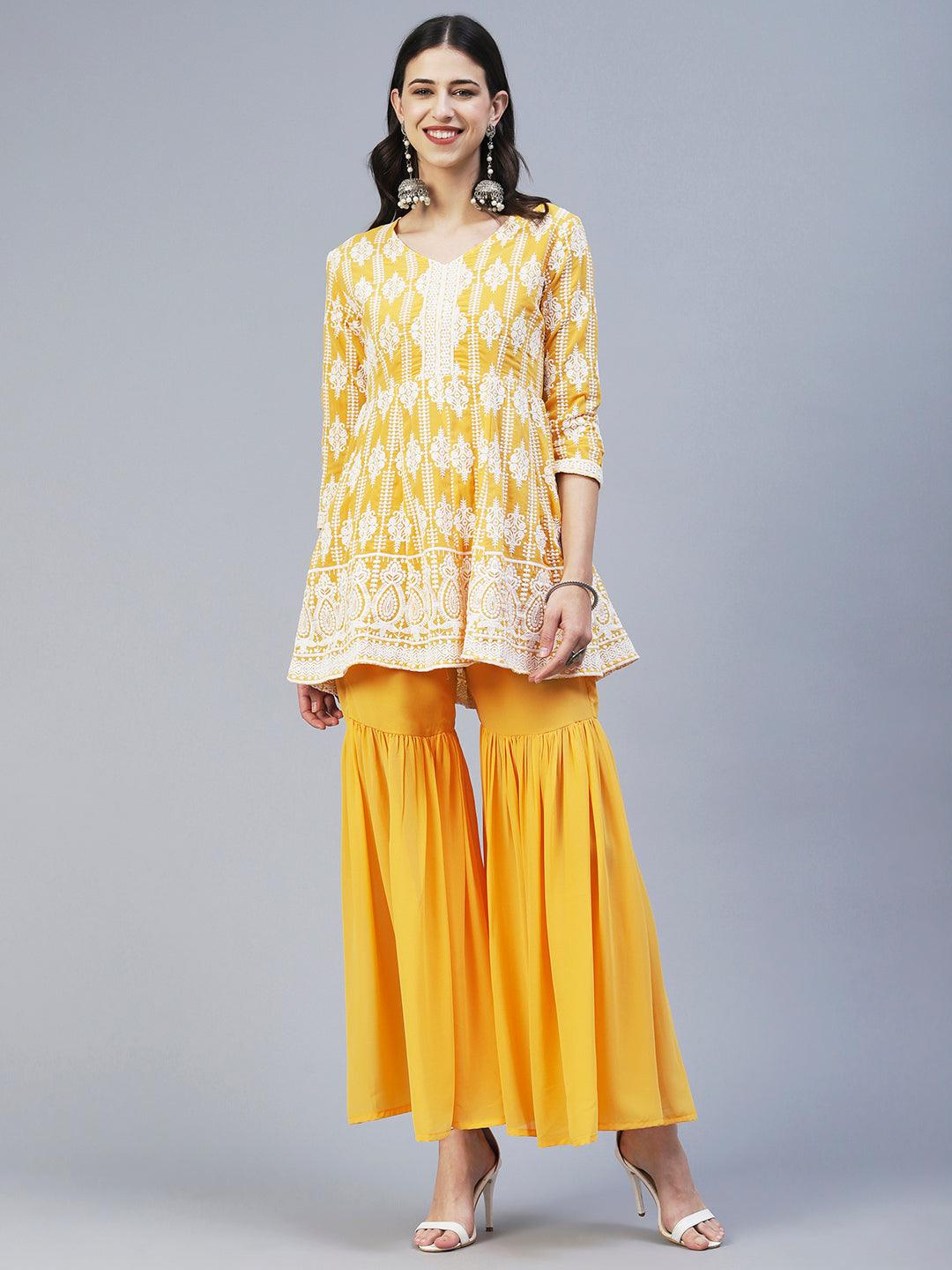 Solid Chikankari Embroidered Anarkali Kurta With Sharara & Embroidered Dupatta - Yellow - Indiakreations