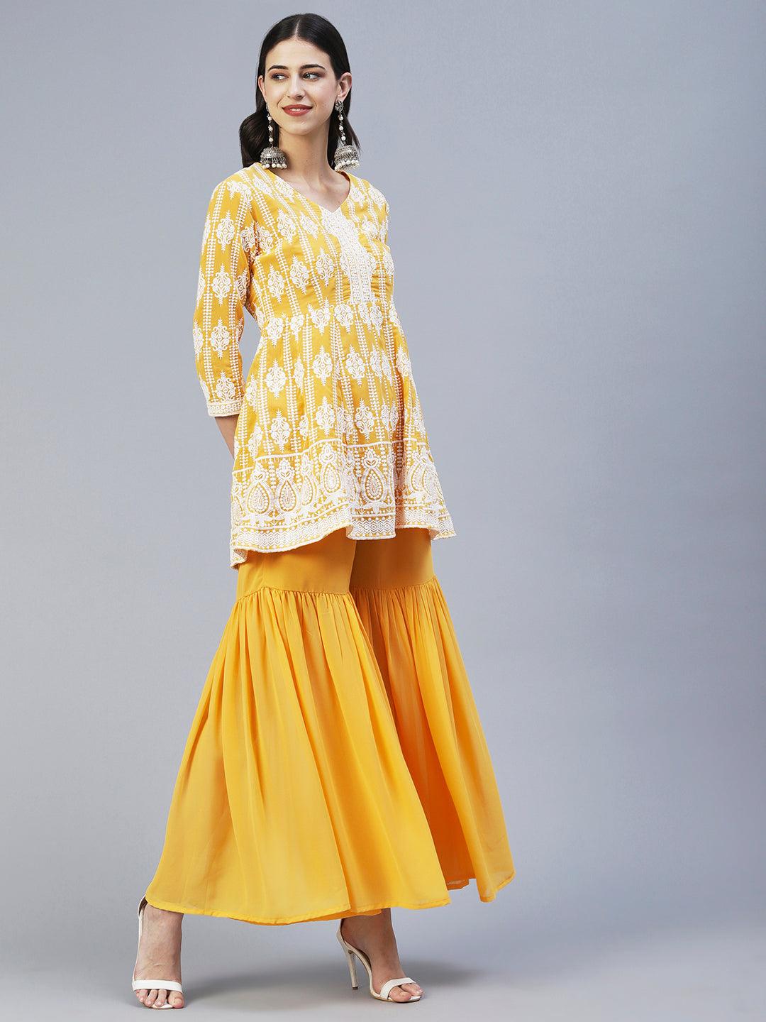 Solid Chikankari Embroidered Anarkali Kurta With Sharara & Embroidered Dupatta - Yellow - Indiakreations