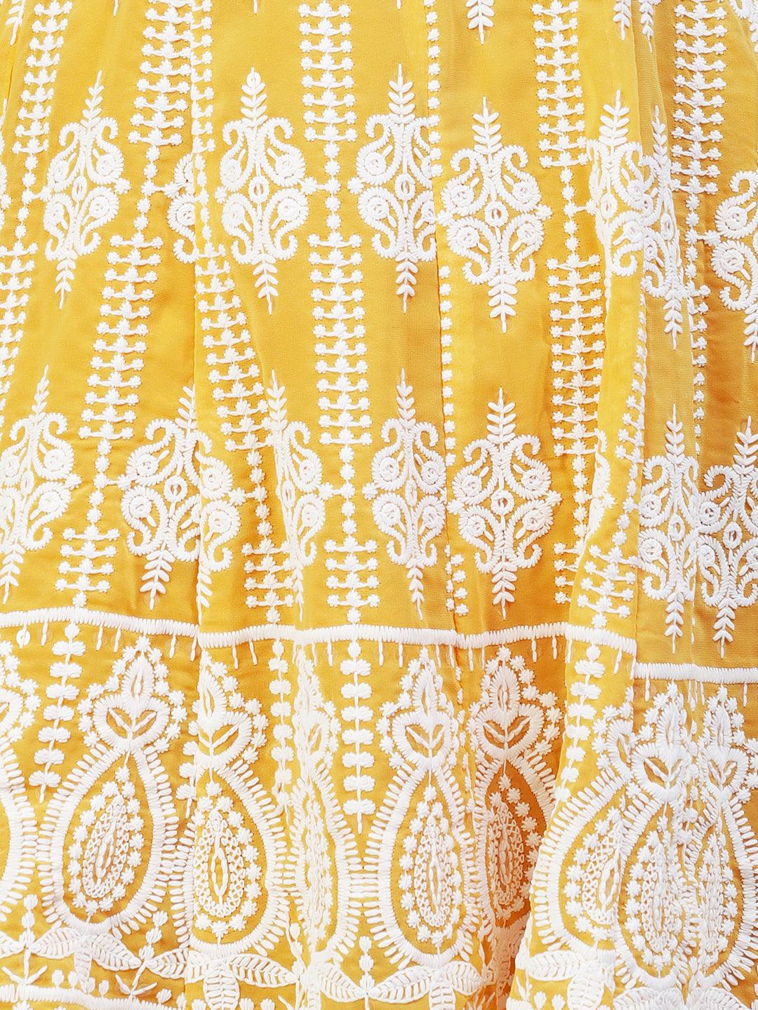 Solid Chikankari Embroidered Anarkali Kurta With Sharara & Embroidered Dupatta - Yellow - Indiakreations