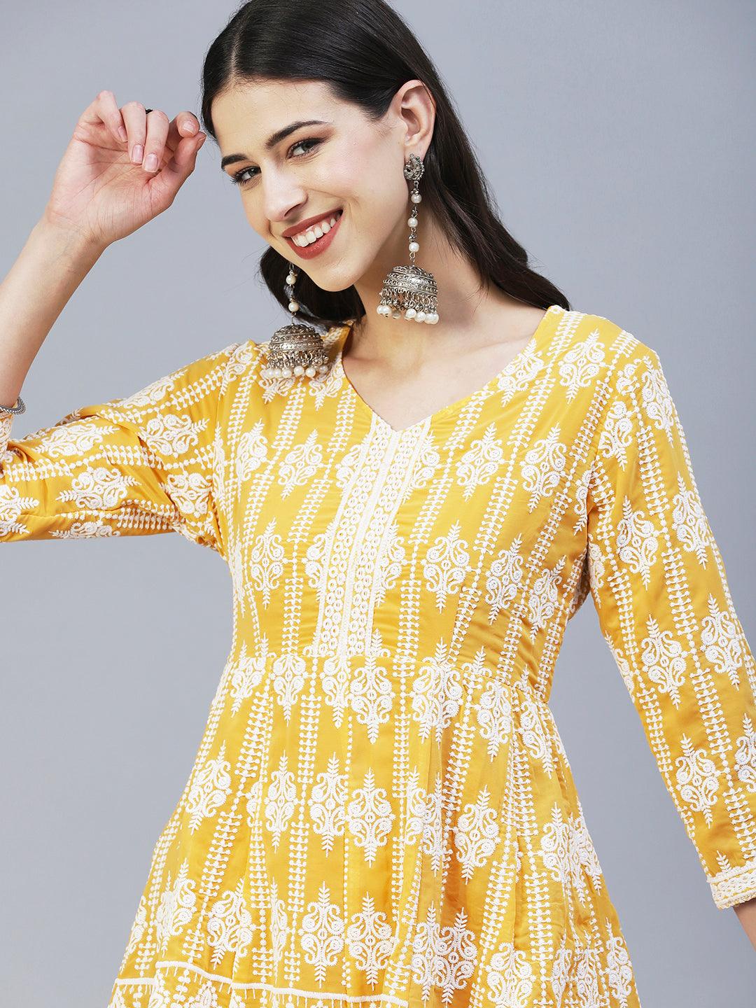 Solid Chikankari Embroidered Anarkali Kurta With Sharara & Embroidered Dupatta - Yellow - Indiakreations