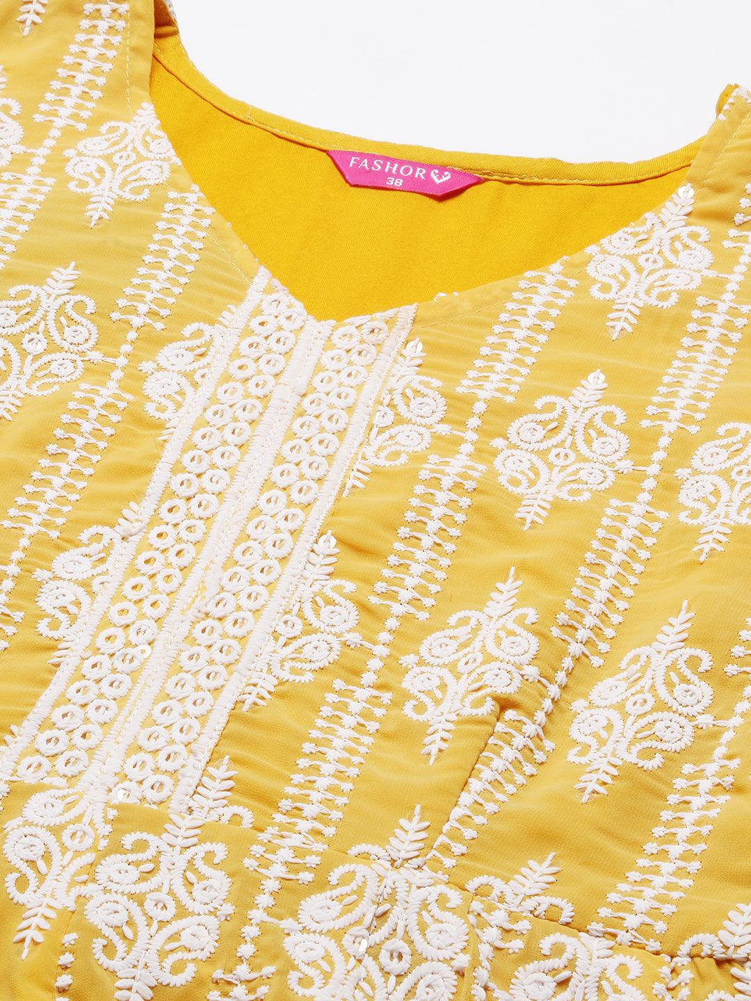 Solid Chikankari Embroidered Anarkali Kurta With Sharara & Embroidered Dupatta - Yellow - Indiakreations