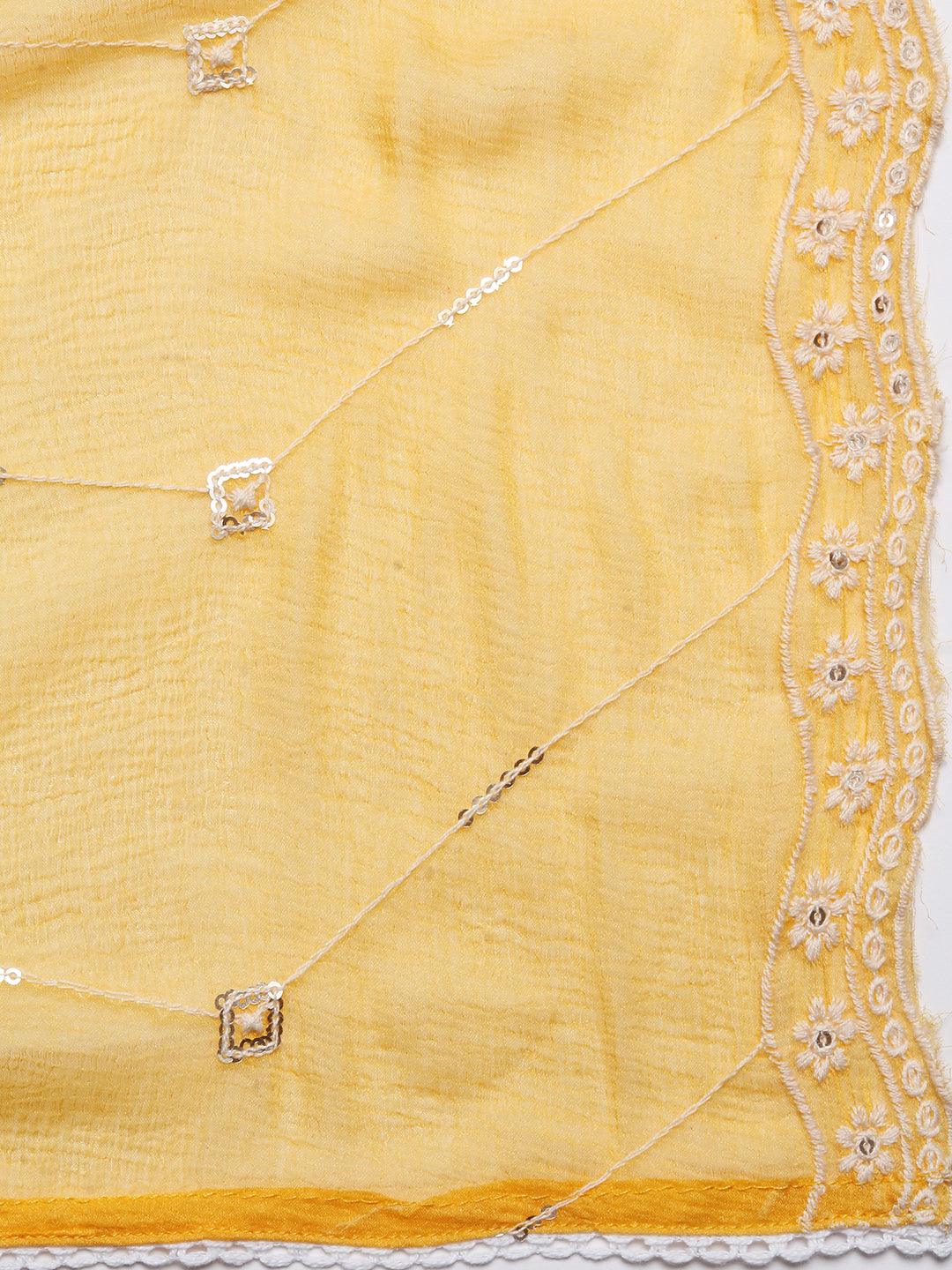 Solid Chikankari Embroidered Anarkali Kurta With Sharara & Embroidered Dupatta - Yellow - Indiakreations