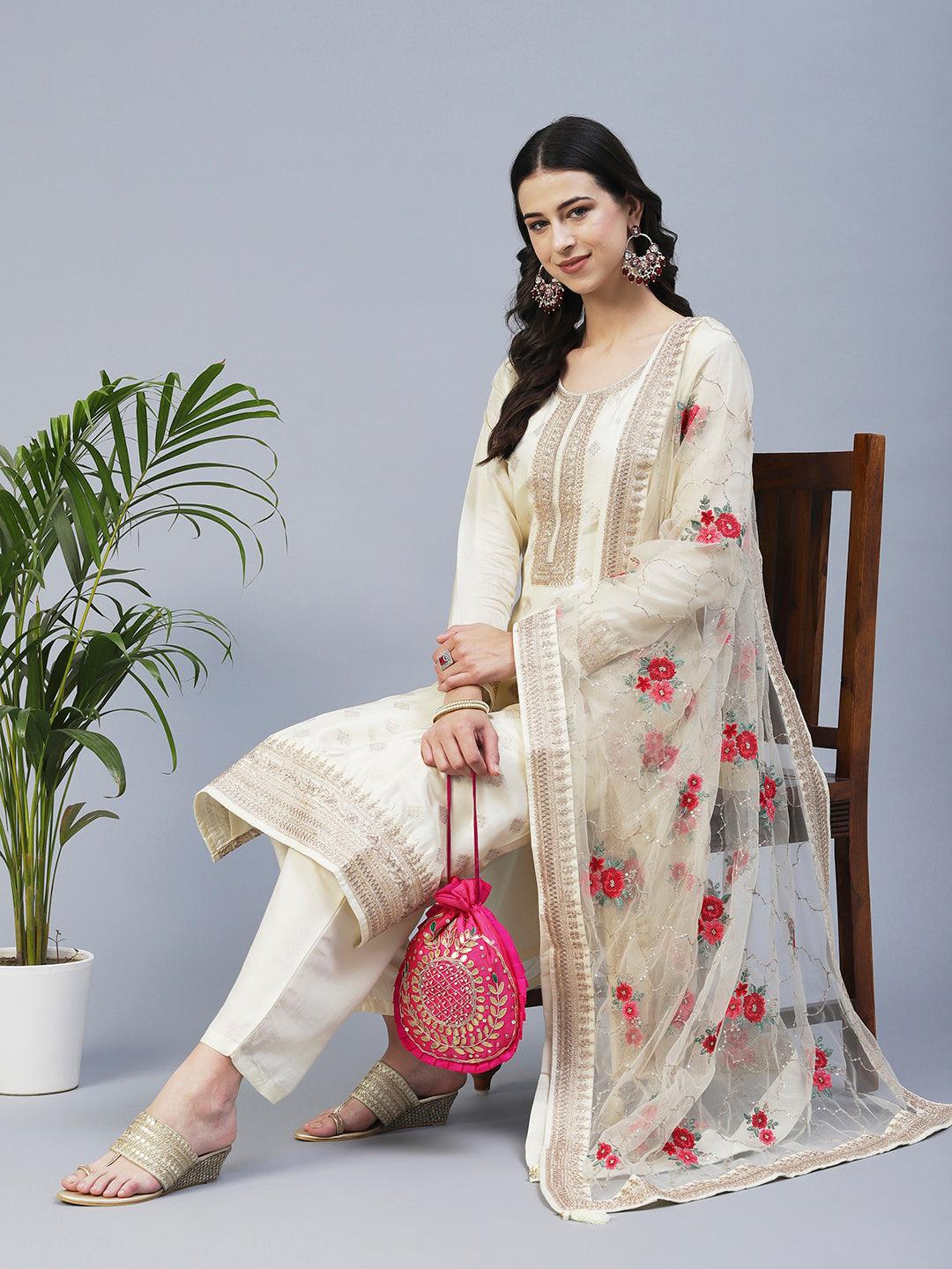 Zari Jacquard Hand Embroidered Kurta With Pants & Embroidered Dupatta - Cream - Indiakreations