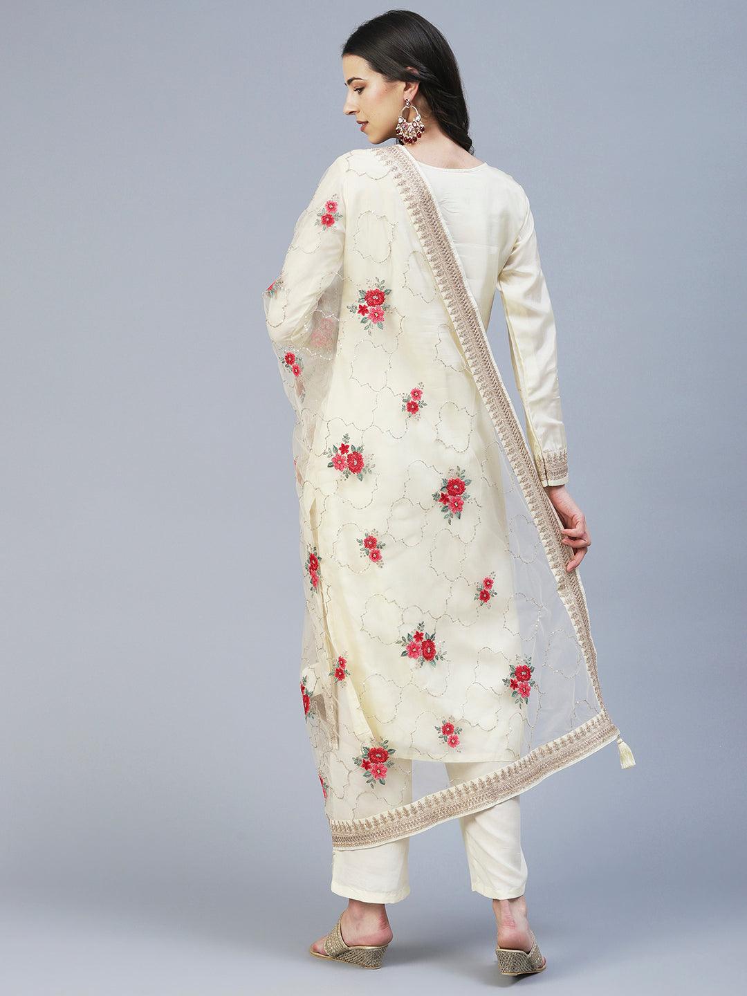 Zari Jacquard Hand Embroidered Kurta With Pants & Embroidered Dupatta - Cream - Indiakreations