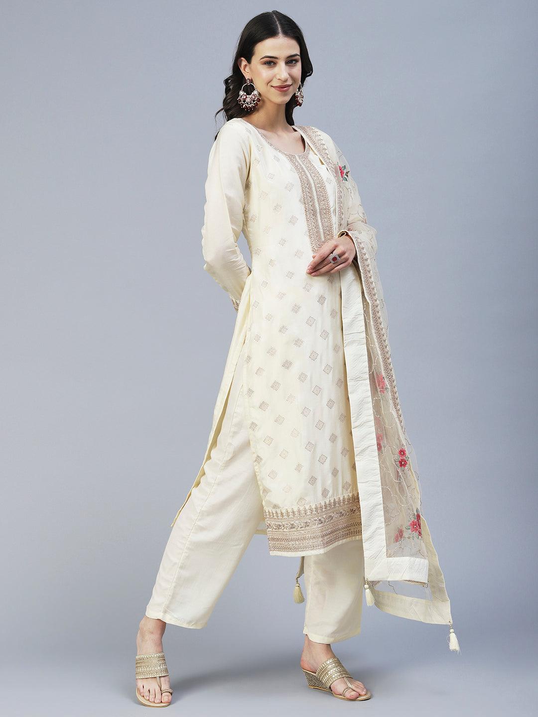 Zari Jacquard Hand Embroidered Kurta With Pants & Embroidered Dupatta - Cream - Indiakreations