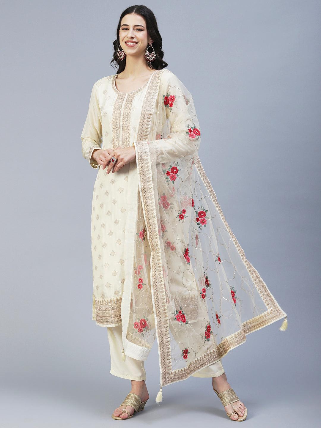 Zari Jacquard Hand Embroidered Kurta With Pants & Embroidered Dupatta - Cream - Indiakreations