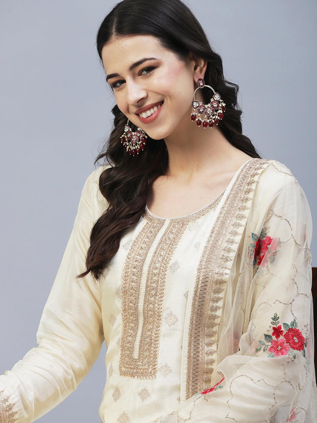 Zari Jacquard Hand Embroidered Kurta With Pants & Embroidered Dupatta - Cream - Indiakreations