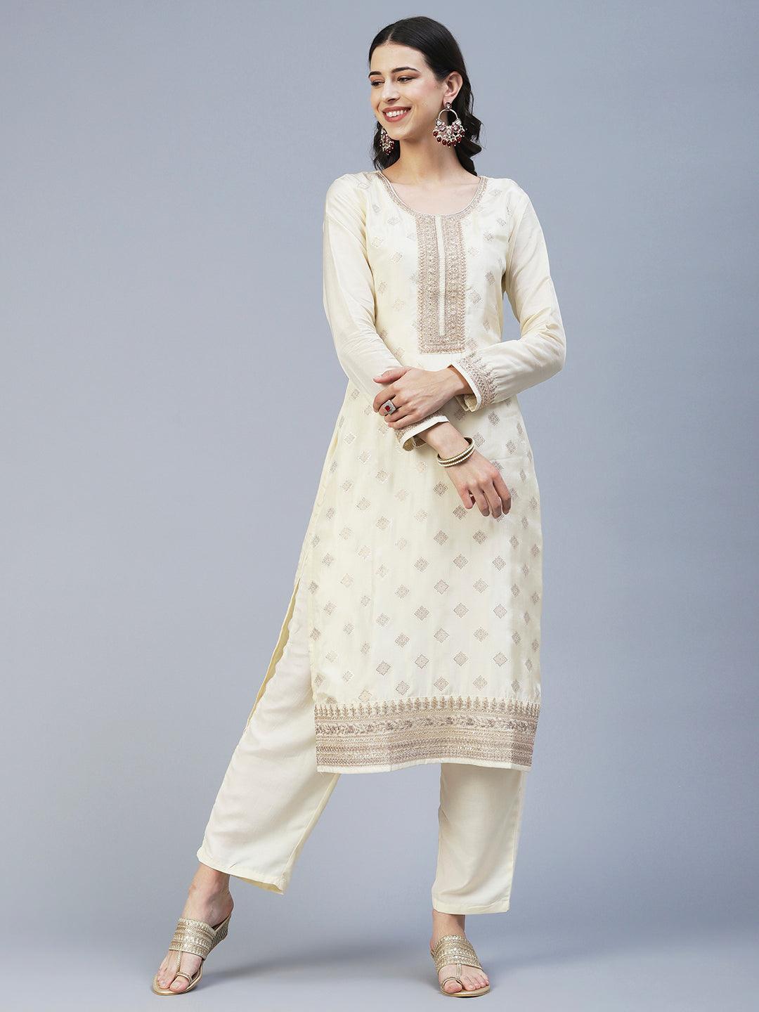 Zari Jacquard Hand Embroidered Kurta With Pants & Embroidered Dupatta - Cream - Indiakreations