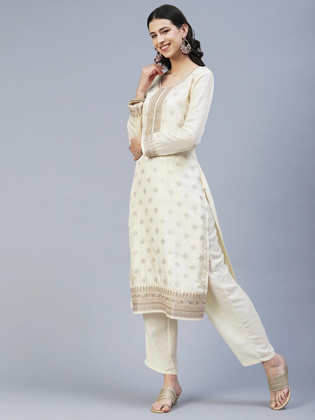 Zari Jacquard Hand Embroidered Kurta With Pants & Embroidered Dupatta - Cream - Indiakreations