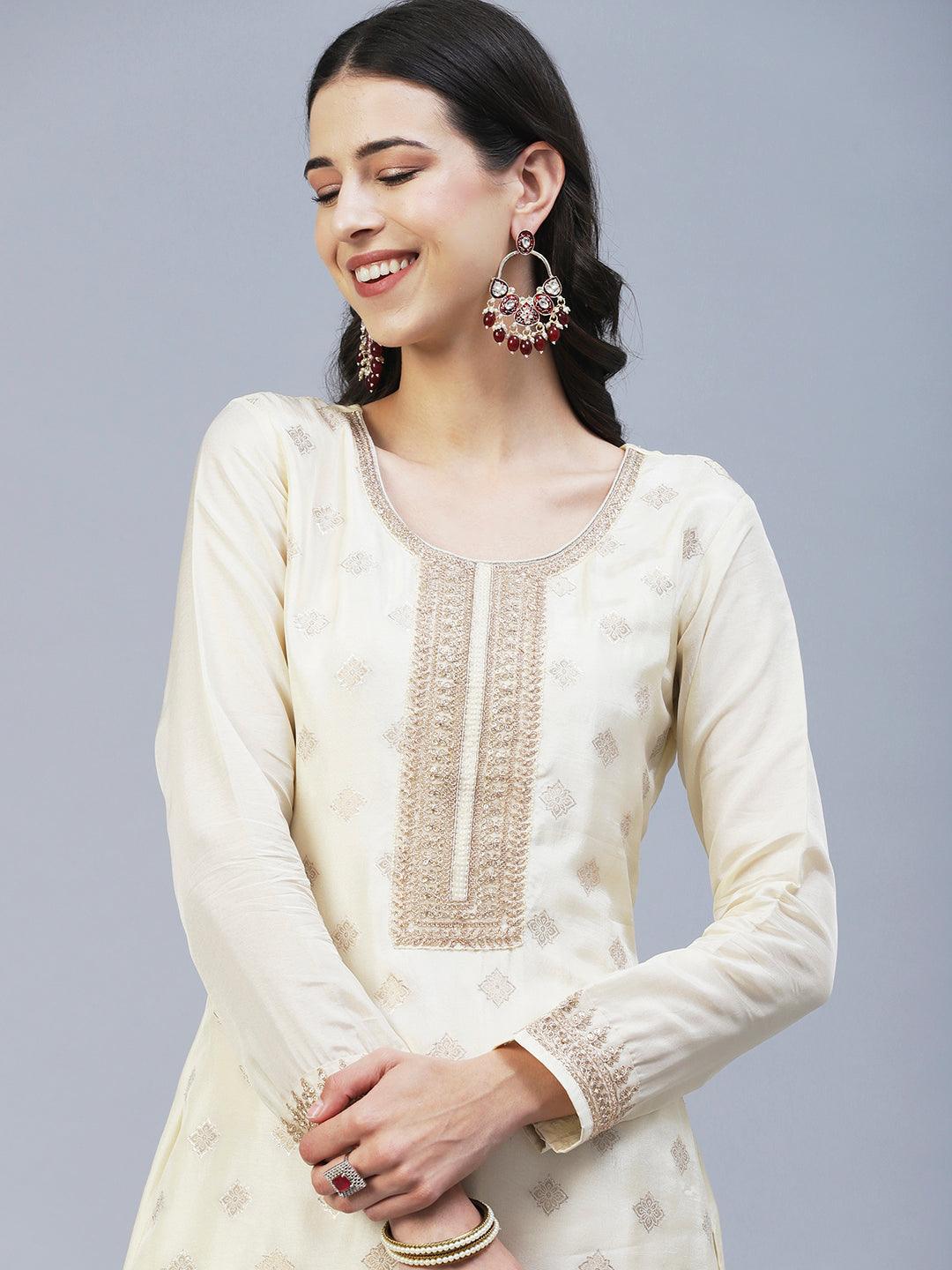 Zari Jacquard Hand Embroidered Kurta With Pants & Embroidered Dupatta - Cream - Indiakreations