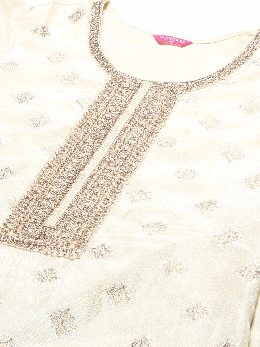 Zari Jacquard Hand Embroidered Kurta With Pants & Embroidered Dupatta - Cream - Indiakreations