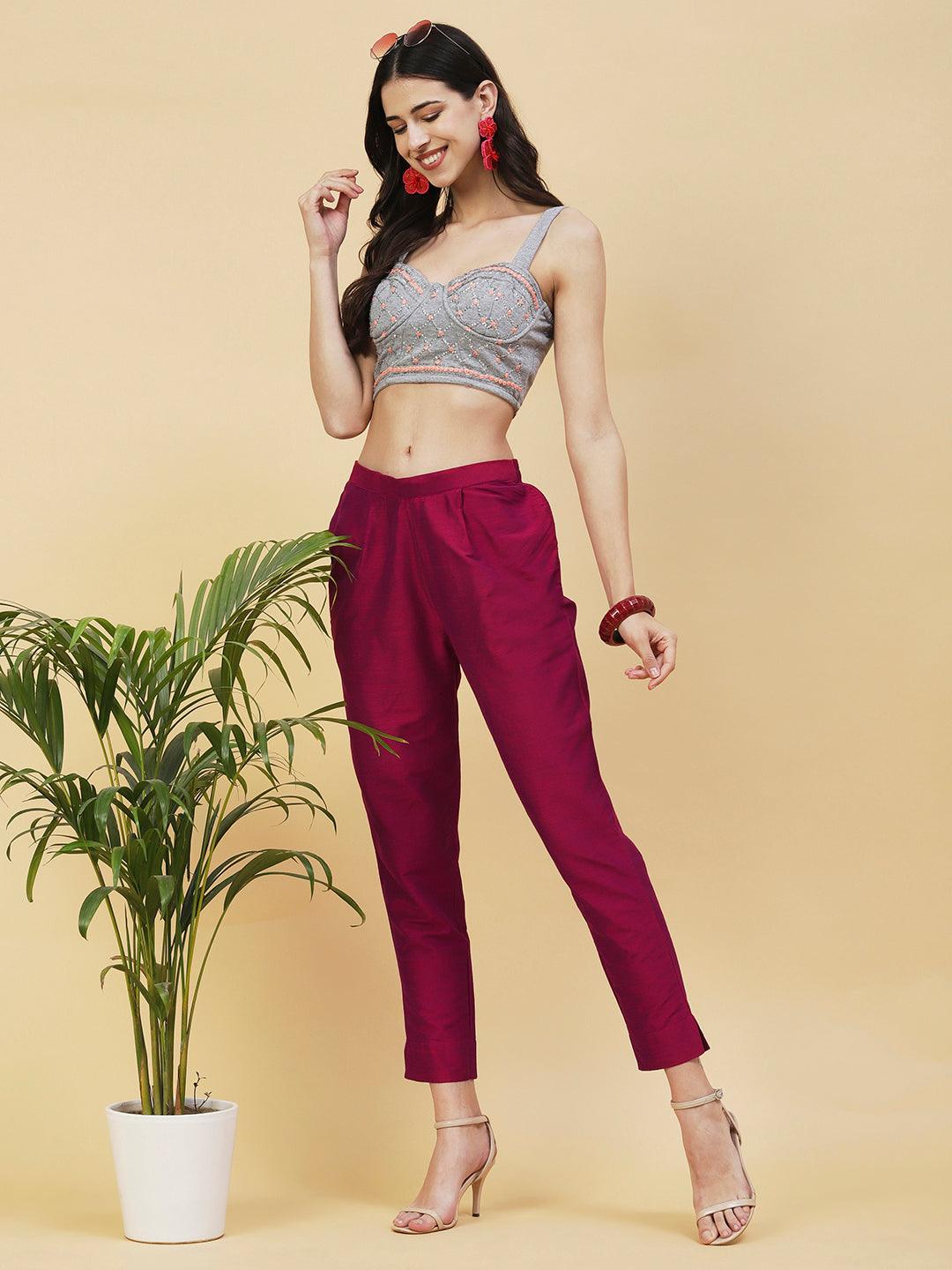 Solid Pants - Burgundy - Indiakreations