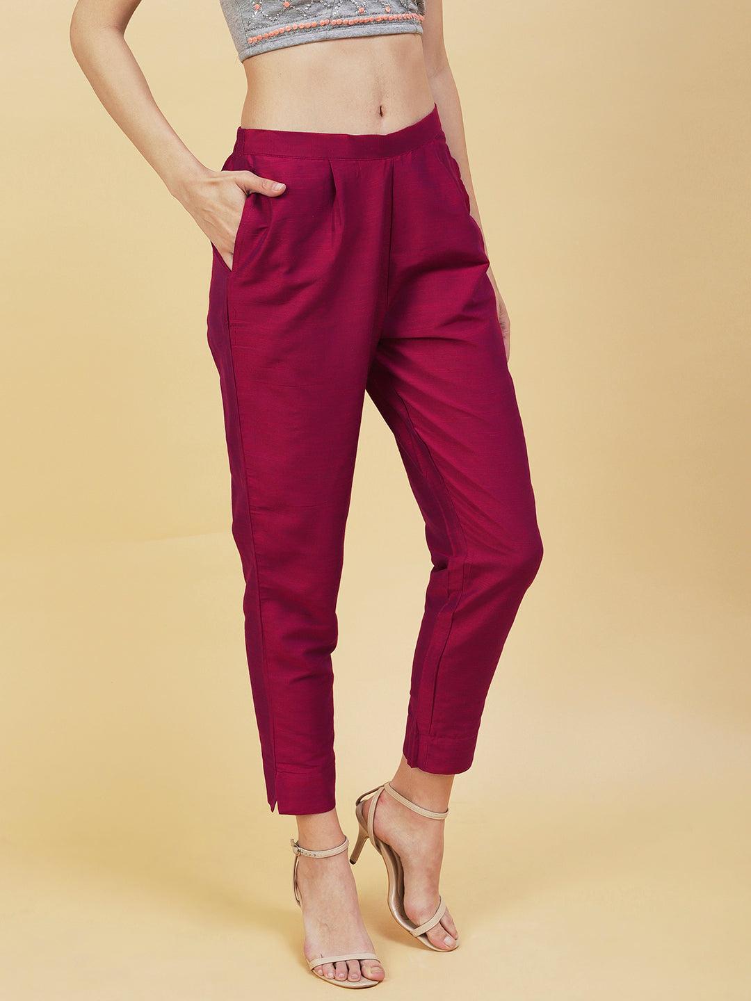 Solid Pants - Burgundy - Indiakreations