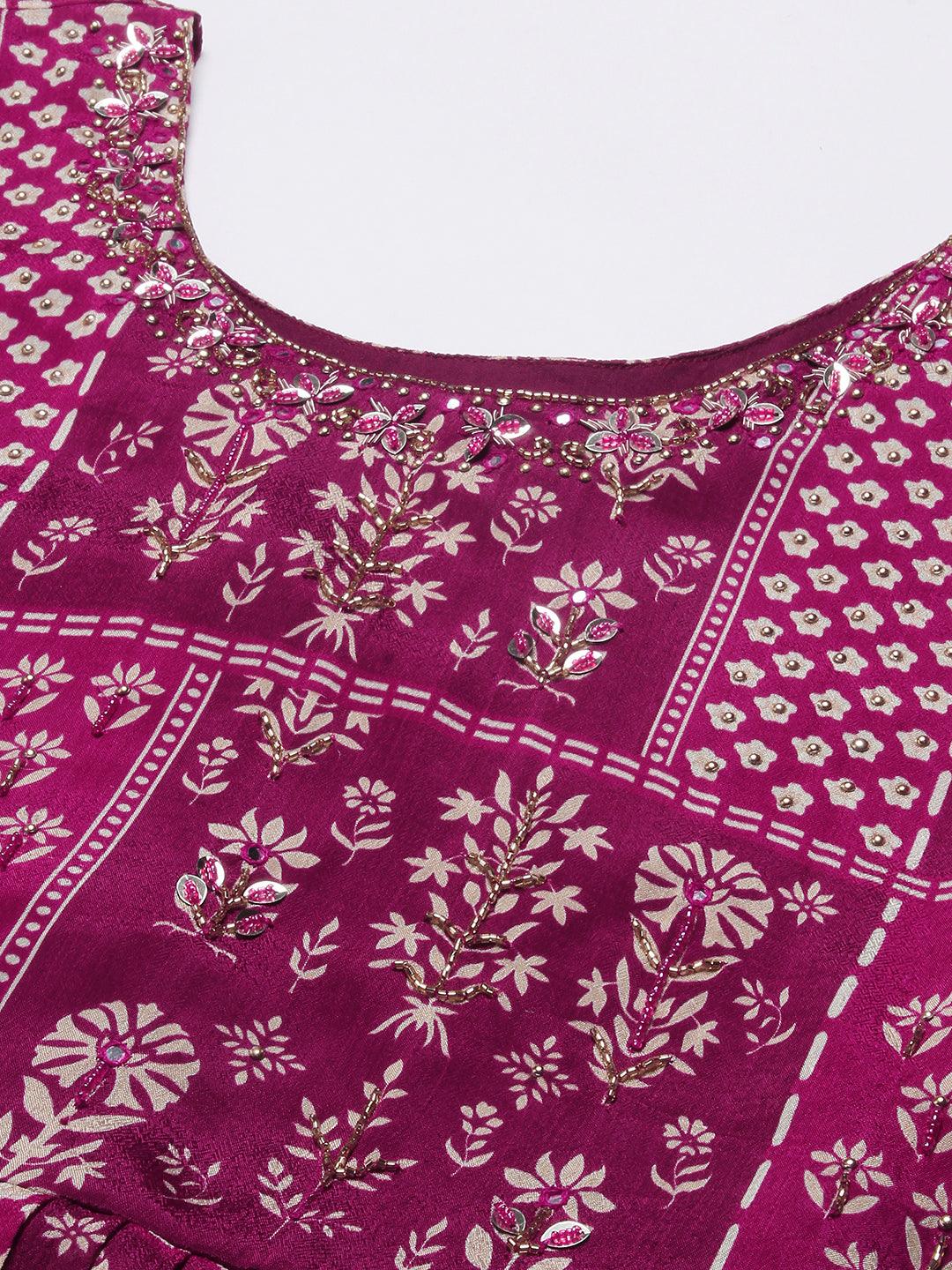 Ethnic Floral Printed & Hand Embroidered Fit & Flare Maxi Dress - Magenta - Indiakreations