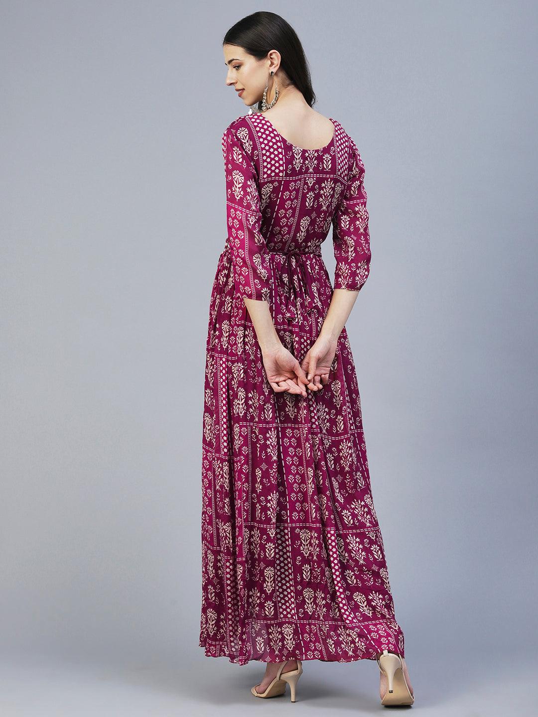 Ethnic Floral Printed & Hand Embroidered Fit & Flare Maxi Dress - Magenta - Indiakreations