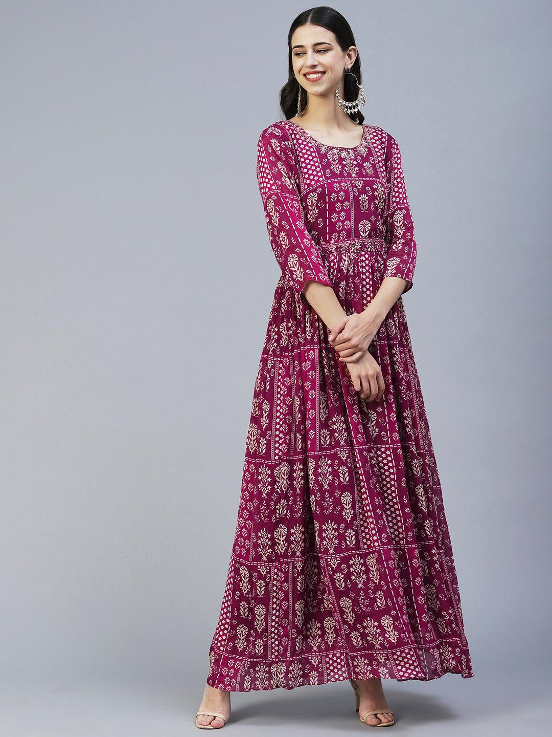 Ethnic Floral Printed & Hand Embroidered Fit & Flare Maxi Dress - Magenta - Indiakreations